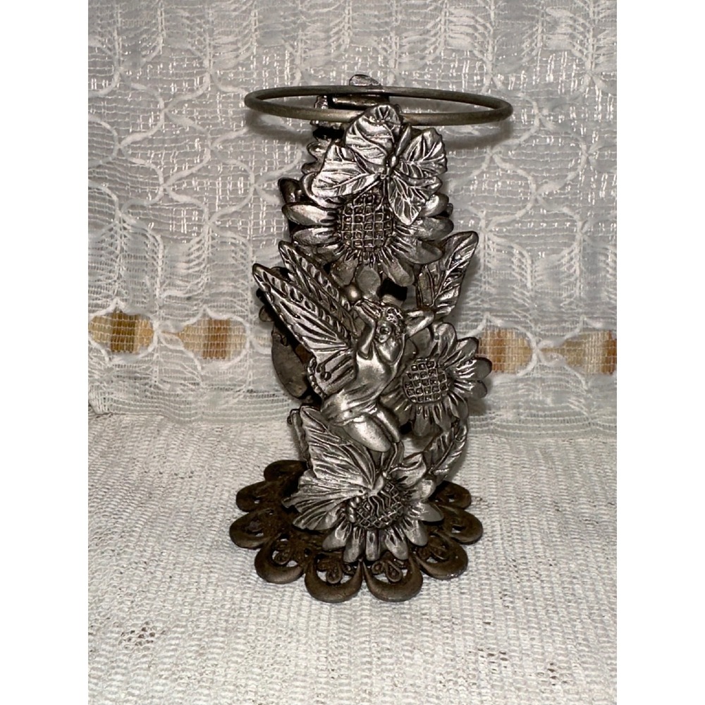 Vintage fairy Sunflower Candle Holder Silver Tone Metal Tabletop Decor